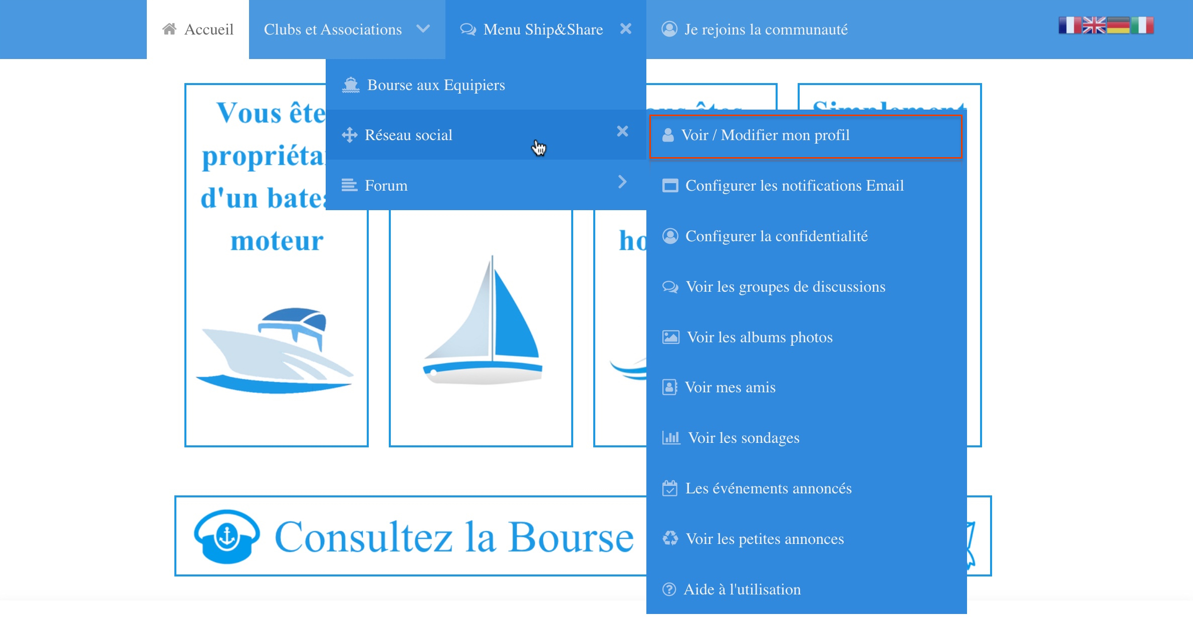 menu fonctions reseau social profil